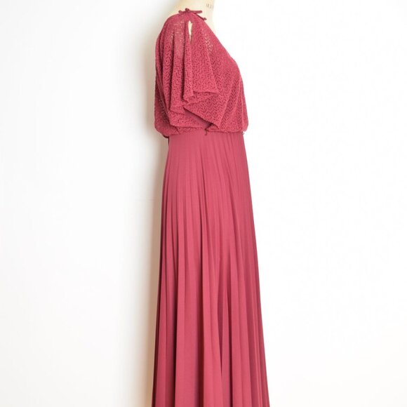 vintage 70s prom dress burgundy crochet lace flutter draped pleated long maxi XS - Picture 6 of 11